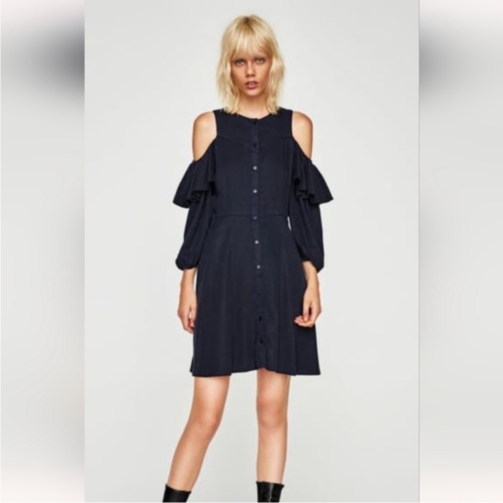 Zara Navy Cold Shoulder Button Down Shirt Dress Size Small